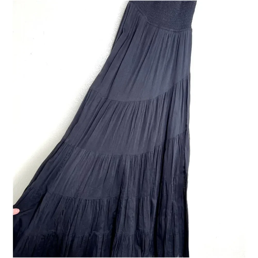 Free People Sundrenched Solid Maxi Dress Tiered Sleeveless Black Smocked  XS